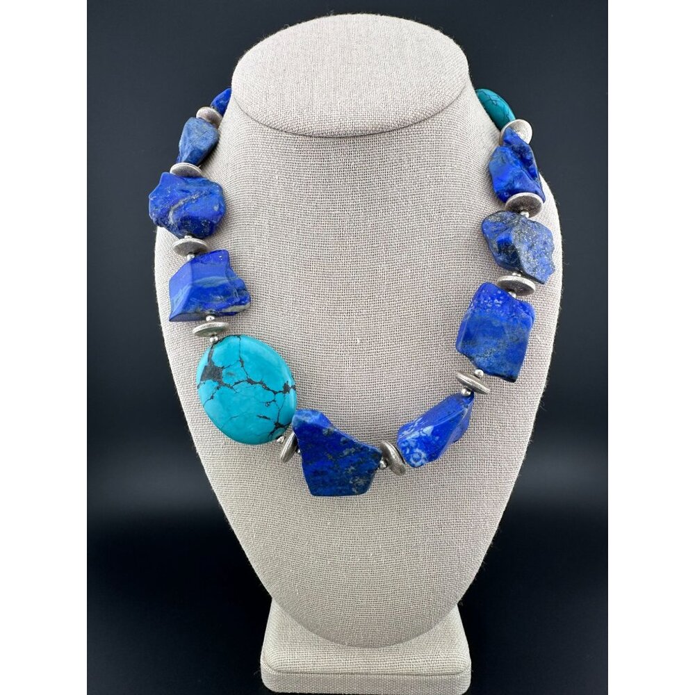 Signed Amy Kahn Russel Lapis and Howlite  Stones 18" Sterling Statement Necklace